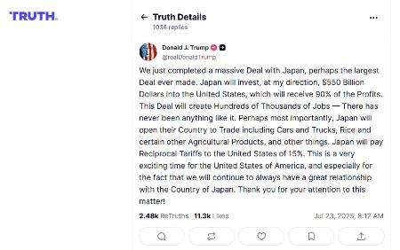 　日米関税交渉が合意したと書き込んだトランプ米大統領の投稿（ＳＮＳトゥルース・ソーシャルから）