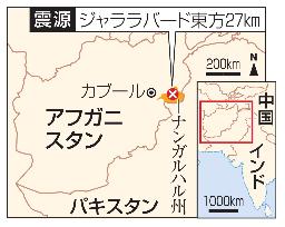 　アフガニスタン・ナンガルハル州ジャララバード東方（震源）、カブール