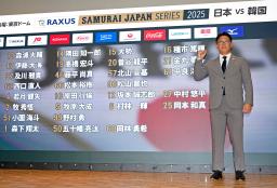 　韓国との強化試合に臨むメンバーを発表し、ポーズをとる野球日本代表の井端監督＝８日、東京都内