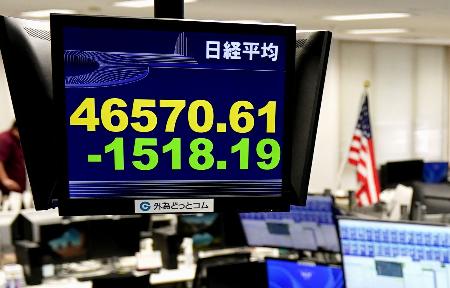 　下げ幅が一時１５００円を超えた日経平均株価を示すモニター＝１４日午後、東京都港区の外為どっとコム