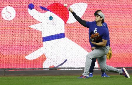 　キャッチボールするドジャース・大谷＝１３日、ミルウォーキー（共同）