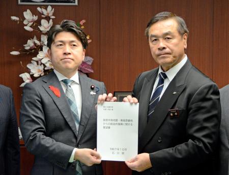　中野国交相（左）に要望書を手渡す石川県の馳浩知事＝１５日午前、国交省