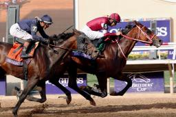 　ＢＣクラシックで優勝した坂井瑠星騎乗のフォーエバーヤング（右）＝デルマー競馬場（共同）