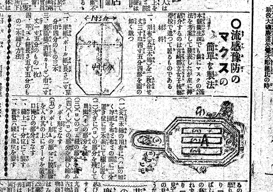 ガーゼや平ゴムを使ったマスクの作り方を紹介する鹿児島新聞（１９２０年１月２２日付）