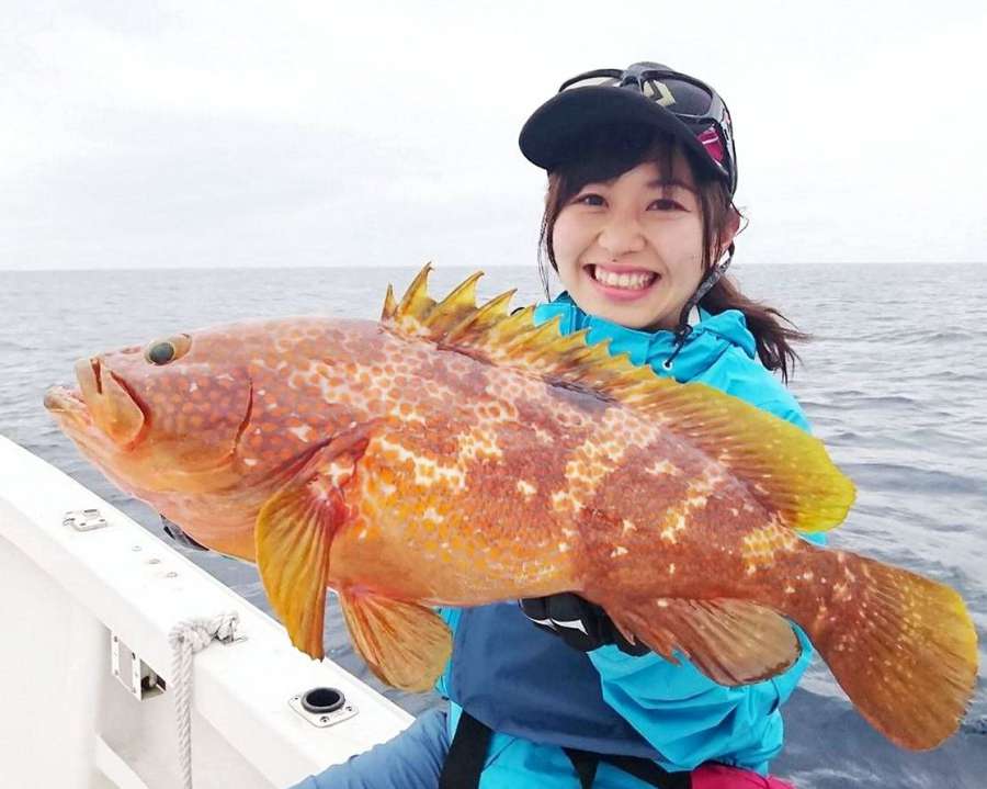 インチク仕掛けで60センチのキジハタが釣れた＝5月14日、佐多岬沖