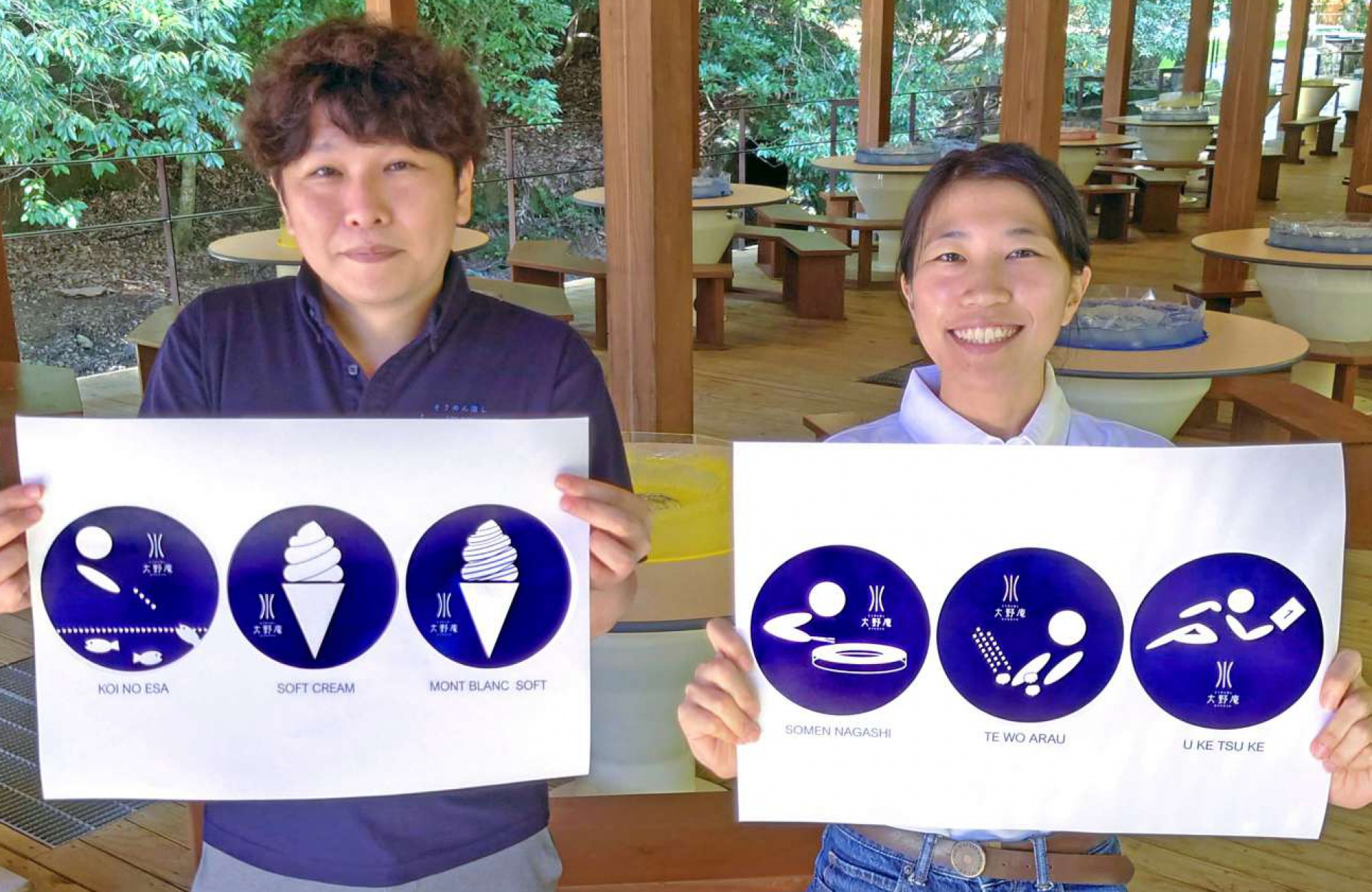 「そうめん流し大野庵」が考案したピクトグラム。右から３番目がそうめん流し＝阿久根市鶴川内
