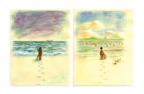 加藤久仁生さんが描いた吹上浜（左）、磯浜＝月刊ＭＯＥ「あとがき」（白泉社）連載時の原画