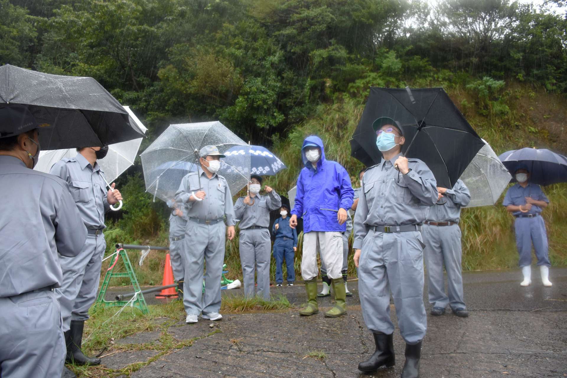 紫尾山系の風力発電事業計画地を視察する薩摩川内市議ら＝９月１４日、同市東郷町藤川
