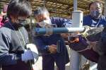 個体を識別する鼻紋の採集に挑戦する児童
