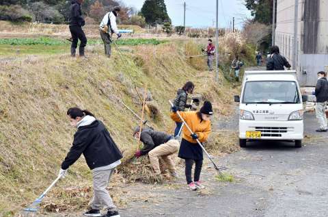 畑周辺の草を刈ったり集めたりする参加者＝鹿児島市喜入瀬々串町