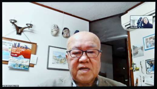 リモートで取材に応じる青山惠昭さん＝１７日、鹿児島市の南日本新聞会館