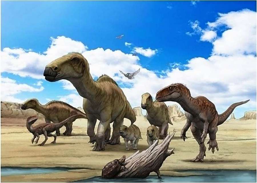 恐竜が駆け回る白亜紀の獅子島のイメージ図（Ｃ）川崎悟司