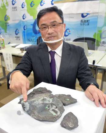 ボーンベッドの表面に露出している骨片を指さす宇都宮聡さん。「ボーンベッドは海岸一帯に広がっており、岩盤の中にもっと大きな骨が埋まっている可能性がある」と期待する＝長島町役場