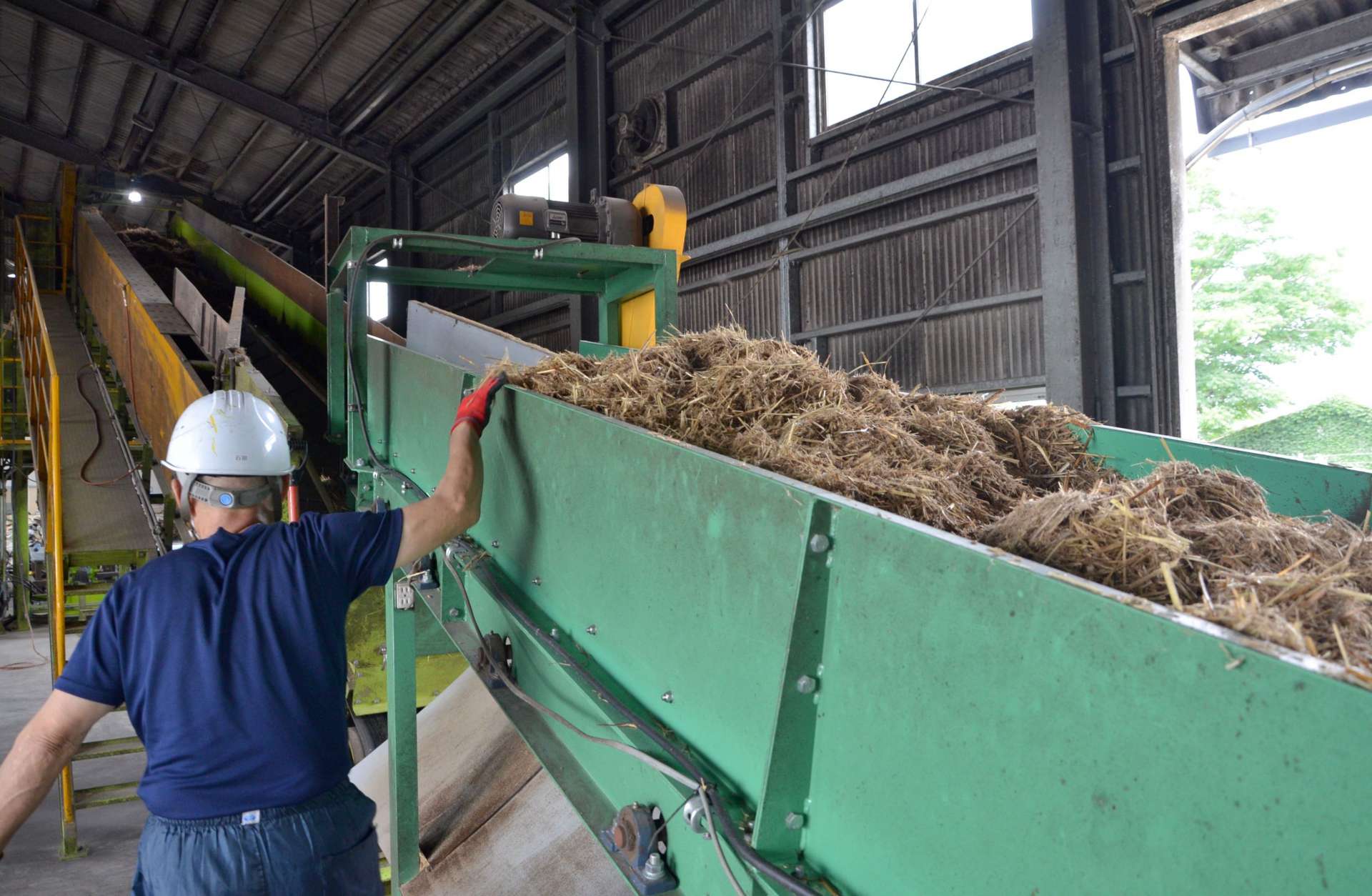 ベルトコンベヤーで運ばれる飼料。これから袋詰めする＝鹿屋市串良のＴＭＲセンター