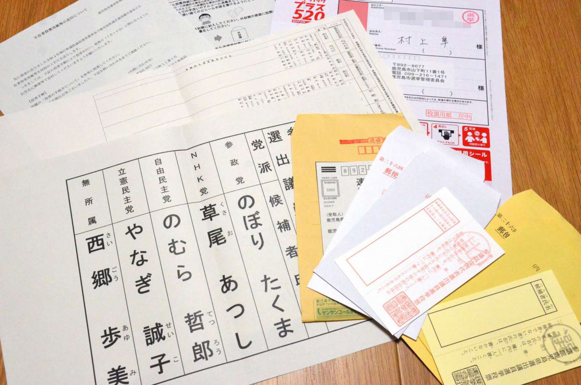 自宅に届いた郵便投票セット（画像は一部加工しています）＝２５日、鹿児島市