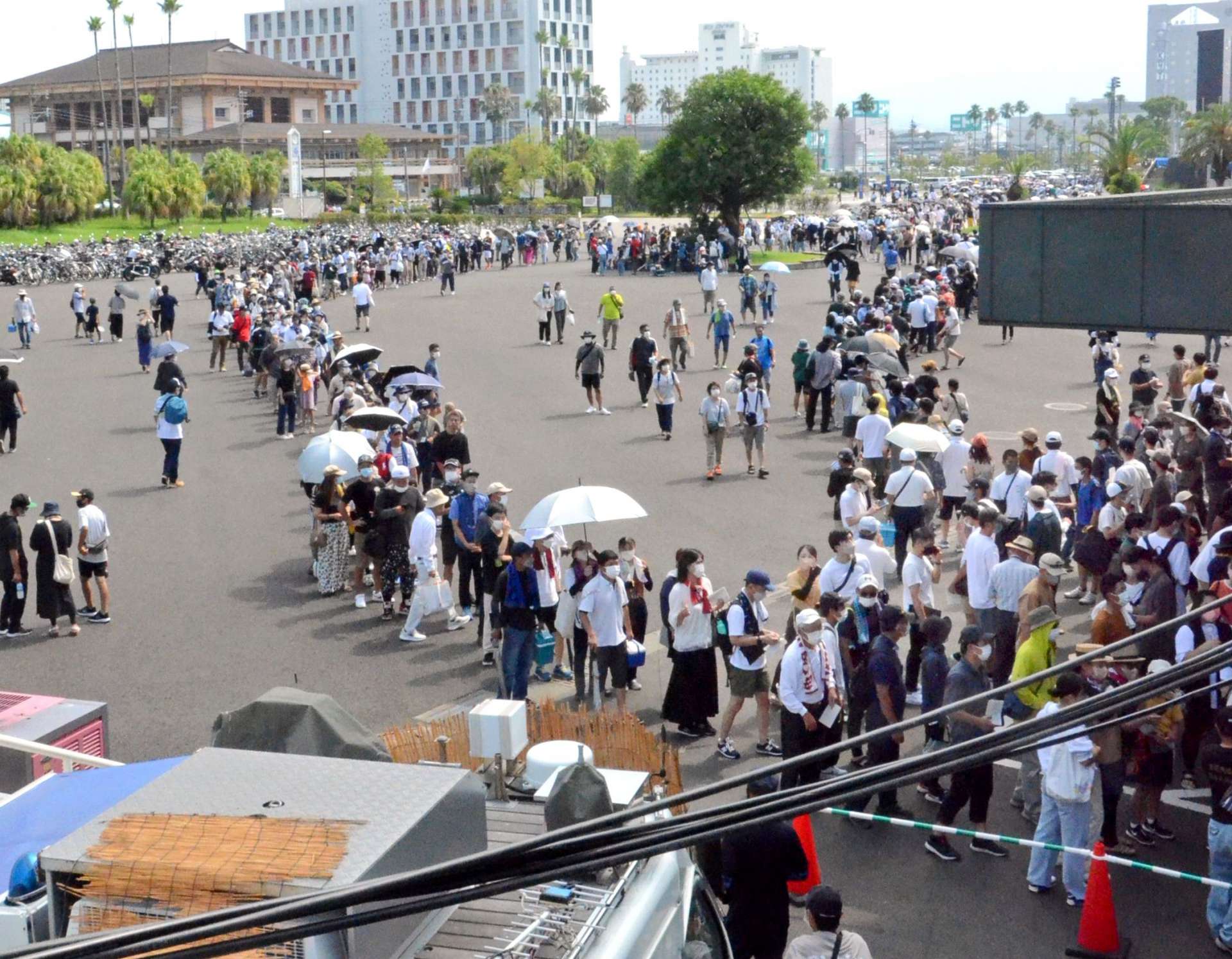 試合開始直前になっても続く観客の列＝２４日午前１０時すぎ、鹿児島市の平和リース球場