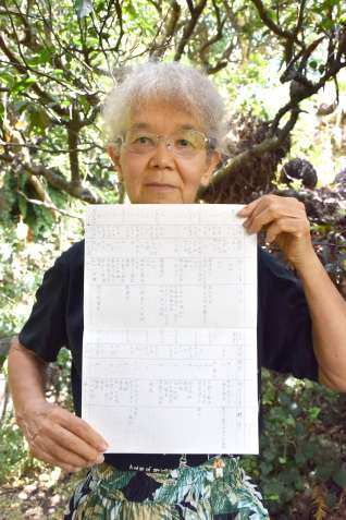 「空襲日記帳」を手にする中馬ヒデ代さん＝知名町久志検