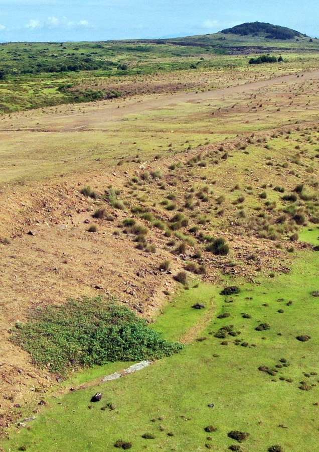造成地の脇に一部残る円形の標的跡。右奥にトーチカが立つ岳之腰が見える＝７日、西之表市馬毛島（小型無人機で撮影）
