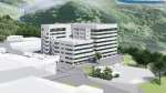 新日本科学本社の完成イメージ図。手前の５階建ビルは現在の本店（同社提供）