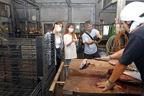 カツオの生切りの説明に聞き入る安武はなさん（左から２人目）＝枕崎市桜木町