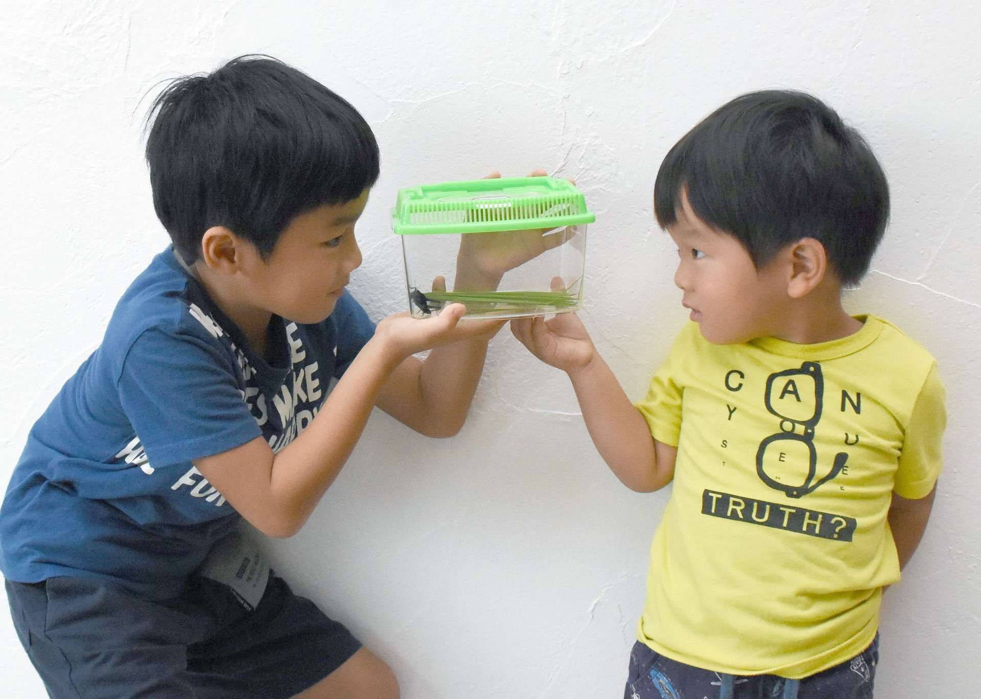 黒いトノサマバッタを喜ぶ川畑宗佑君（左）と弟の渉君