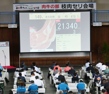 大型スクリーンに枝肉の写真を映し出し進められる出品牛の競り＝９日、南九州市の知覧体育館