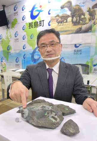 ボーンベッドの表面に露出している骨片を指さす宇都宮聡さん。「ボーンベッドは海岸一帯に広がっており、岩盤の中にもっと大きな骨が埋まっている可能性がある」と期待する＝2022年３月、長島町役場