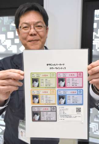 奄美大島５市町村が発行する「まやにゃんバーカード」＝２１日、奄美市役所