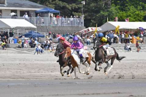 【資料写真】４年前に開催された串木野浜競馬。出走馬が観衆の声援を受けながら砂浜を駆け抜ける＝２０１９年４月２１日、いちき串木野市の照島海岸
