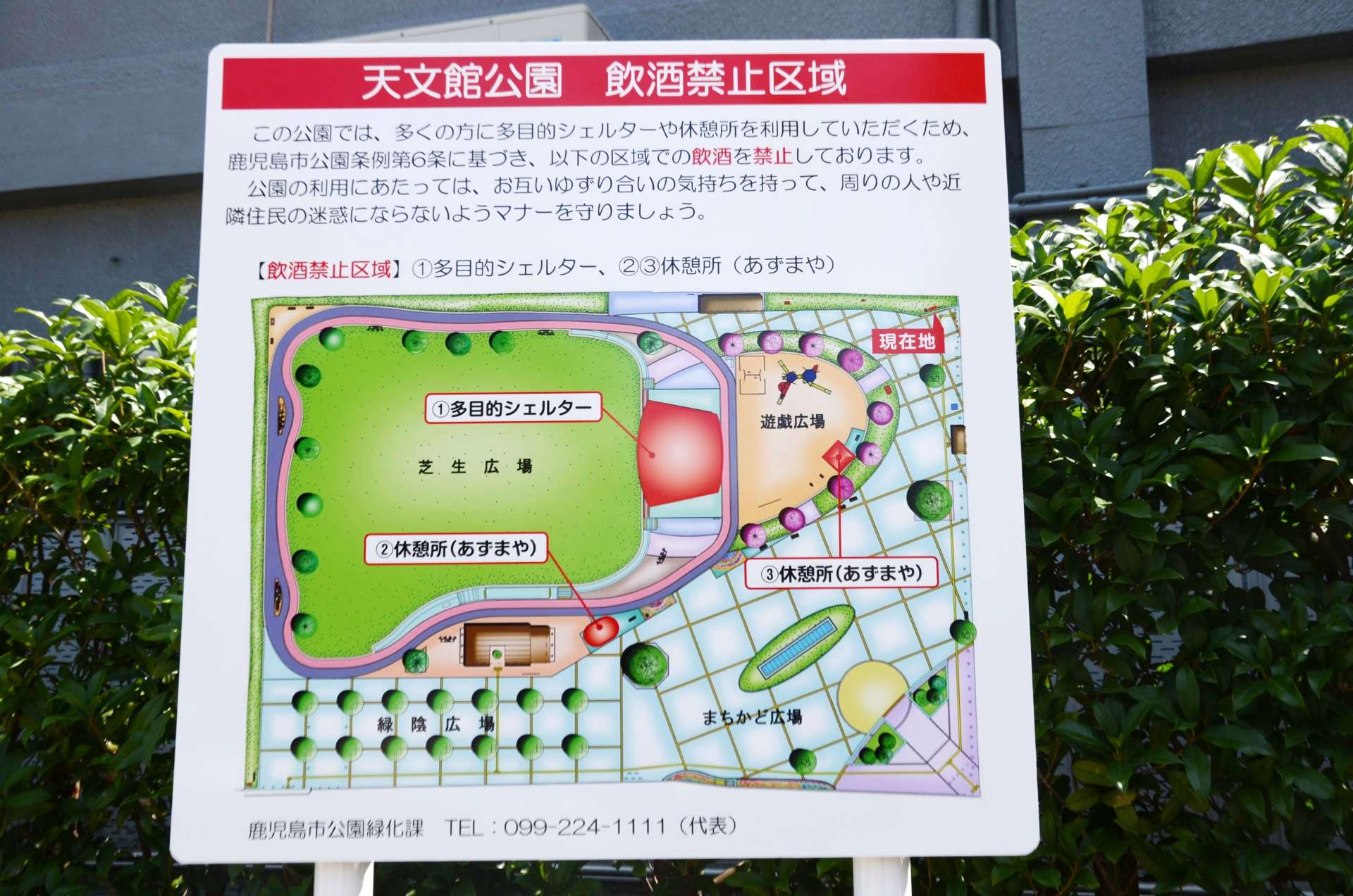 飲酒禁止区域を知らせる表示＝鹿児島市千日町の天文館公園