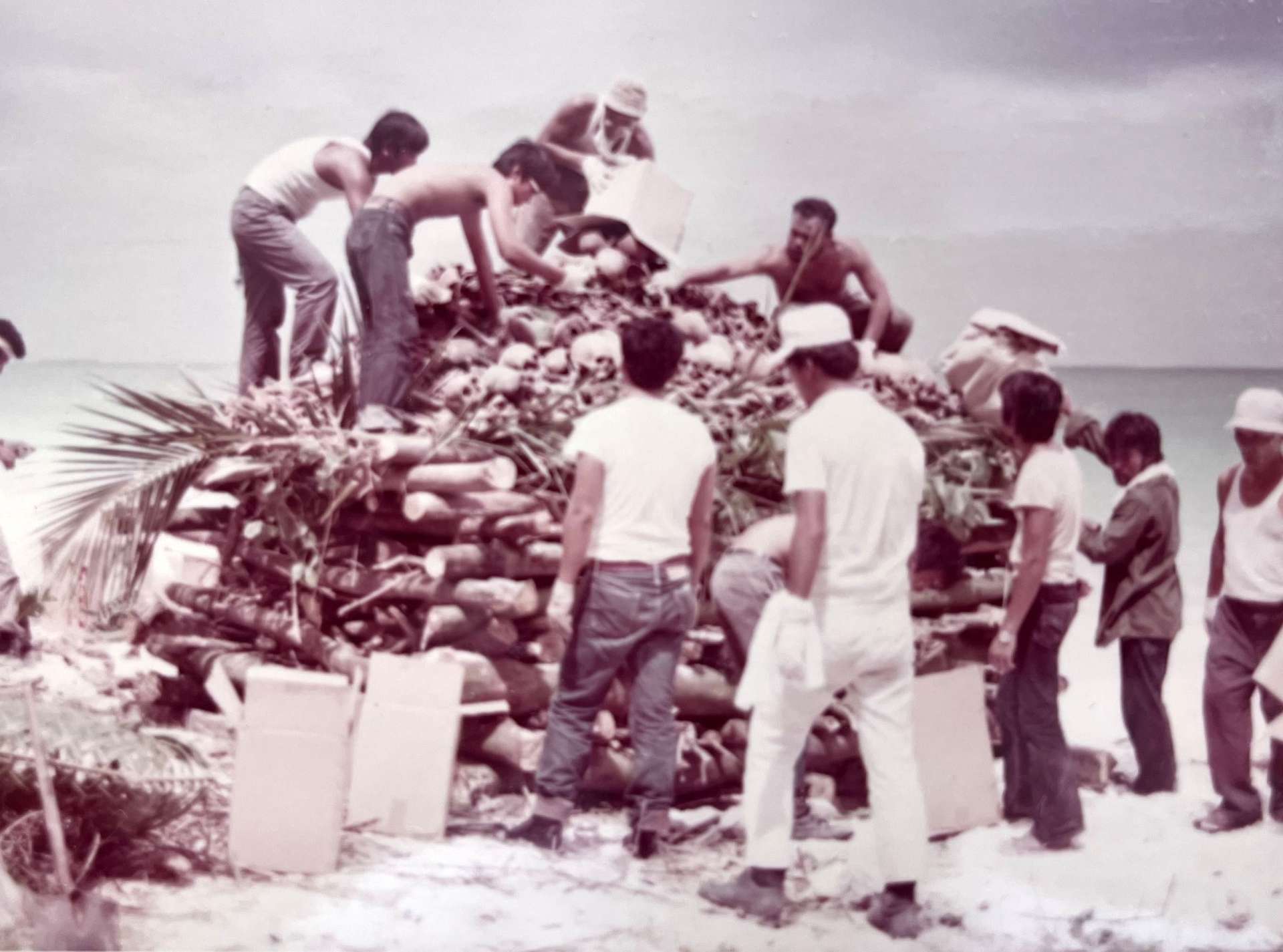 遺骨を日本に持ち帰る前に、現地で火葬する収集団＝１９７３年、マーシャル諸島（竹之下和雄さん提供）