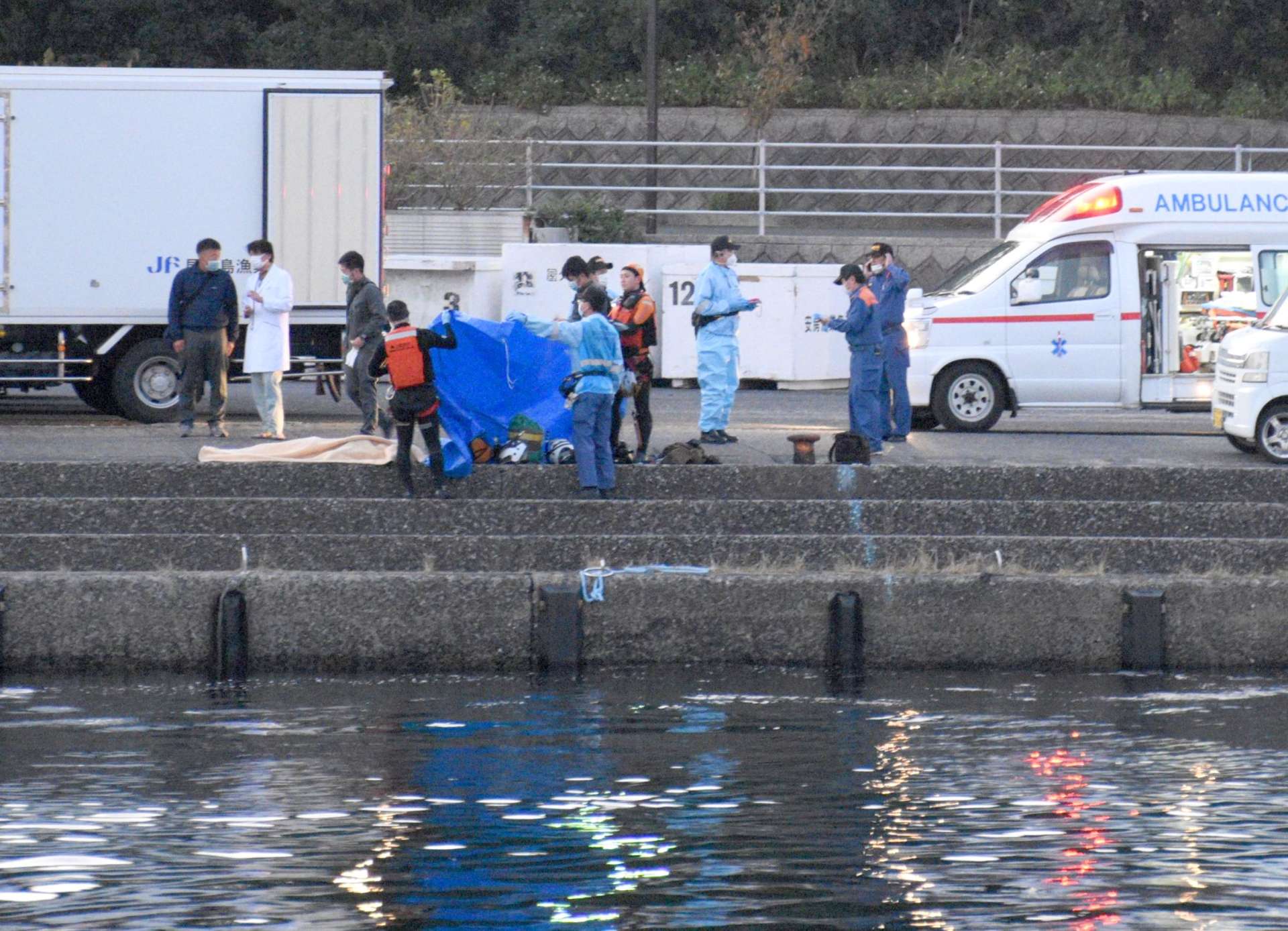 救助活動を進める消防職員ら＝２９日午後５時半ごろ、屋久島町の安房港