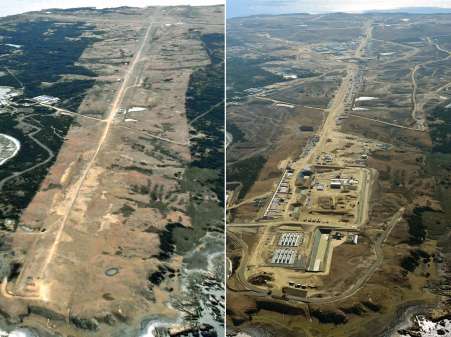 〈関連＝変わりゆく馬毛島。１年前と現在の様子を比べて見る〉北側上空から見た馬毛島。左は２０２３年１月１２日撮影、右は２４年１月８日撮影＝いずれも本社チャーター機から撮影