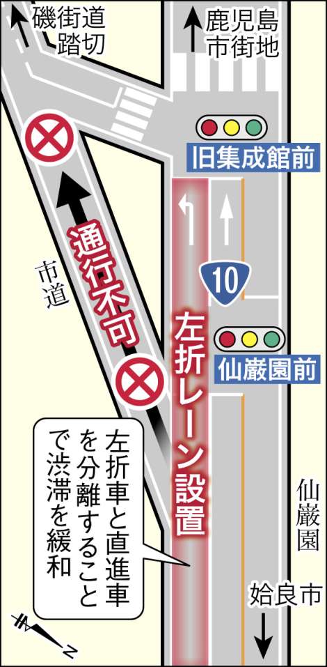 〈関連〉左折レーンと直進レーンを分離する新たな交差点と、通行不可となる車線を確認する