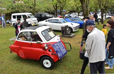 展示された名車や希少車に見入る来場者＝２１日、指宿市のかいもん山麓ふれあい公園