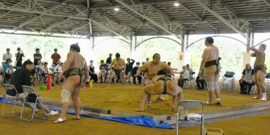 大勢の見学客の前で激しい稽古を披露する放駒部屋の力士たち＝１８日、西之表市の「あっぽ〜らんど」