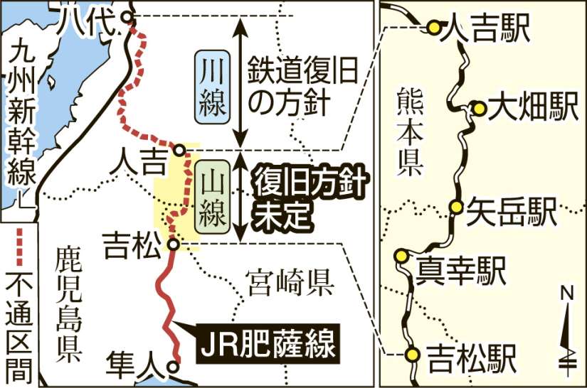 JR肥薩線「山線」区間の地図