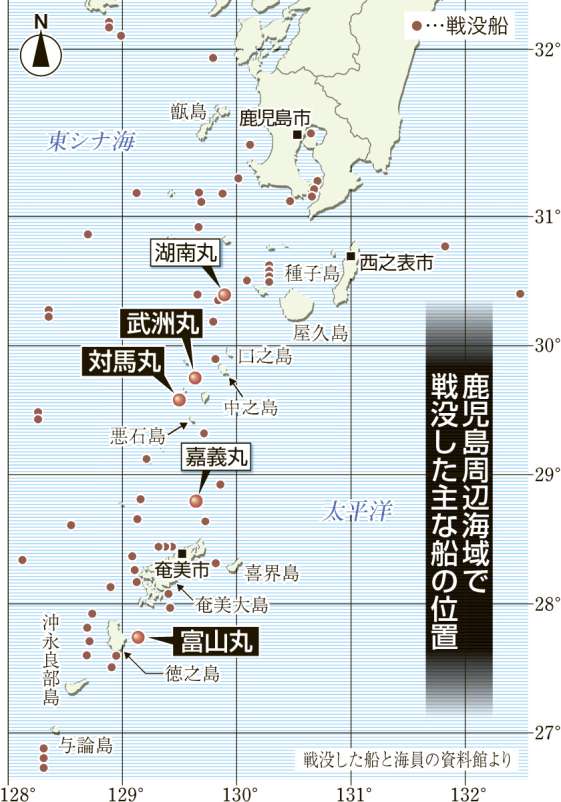 鹿児島周辺海域で戦没した主な船の位置