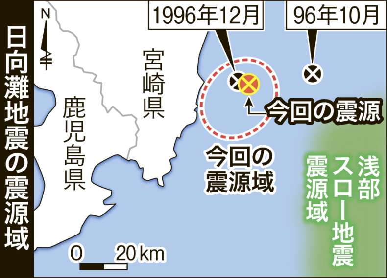 今回と１９９６年１０月、１２月の日向灘地震の震源域を地図で確認