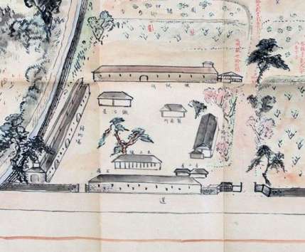 １９１５（大正４）年頃の「集成館地区見取図」の一部。石庫（中央手前）や機械工場（同奥）が描かれている（尚古集成館蔵、鹿児島市教育委員会提供）