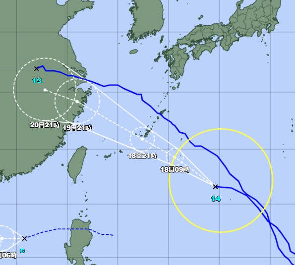 〈関連〉台風１４号進路予想図（１７日午後９時現在、気象庁ホームページから）