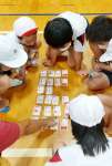 「防災カードゲーム」をして危険予測を話し合う児童＝屋久島町の一湊小学校