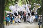 大きな矢旗を揺らしながら境内へ向かう踊り手＝２１日、日置市吹上の南方神社