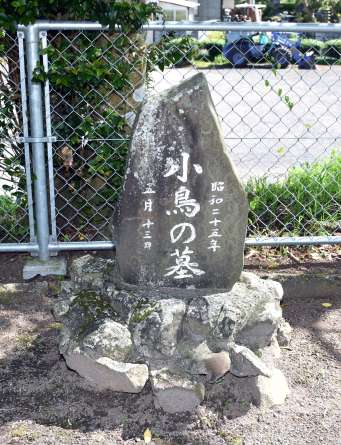 校門の近くに立つ「小鳥の墓」＝曽於市財部の財部南小学校