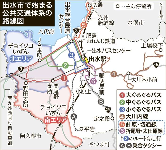 出水市で始まる公共交通体系の路線図