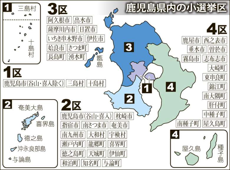 鹿児島県内の小選挙区を地図で確認する
