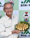 早掘りタケノコを手にするＪＡ筍部会の田中勇一会長＝１５日、出水市高尾野のＪＡ鹿児島いずみ