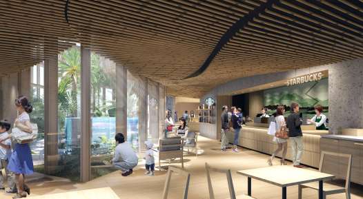 天井などに「さらし竹」を使ったコラボ施設の内観イメージ（©隈研吾建築都市設計事務所）