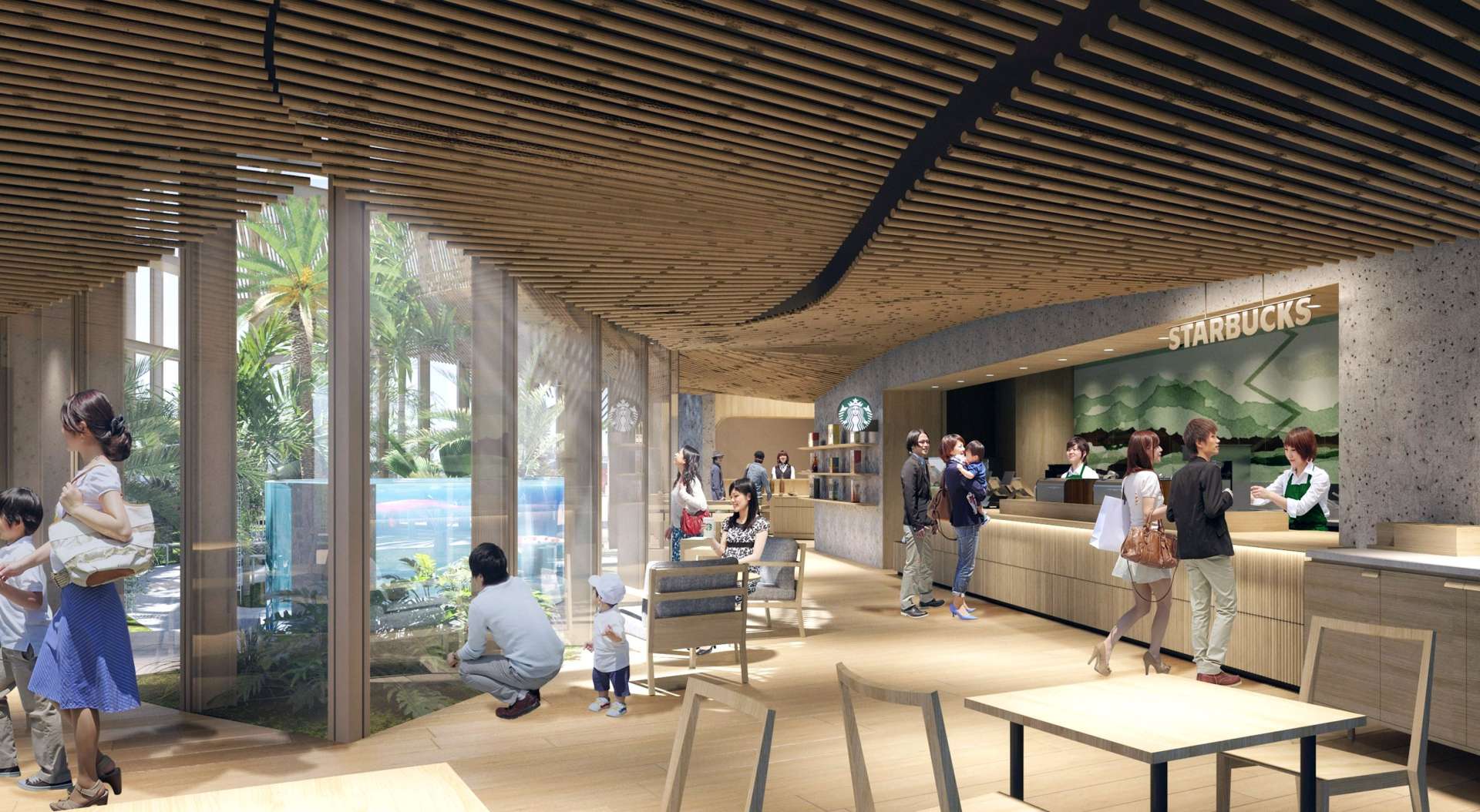 天井などに「さらし竹」を使ったコラボ施設の内観イメージ（©隈研吾建築都市設計事務所）