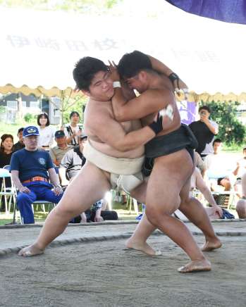 熱戦を繰り広げる小学生＝志布志市の伊崎田小相撲場